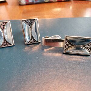 VTG Cufflinks & Tie Clip Silver Abalone Shell? Blue Grey 26 Grams Art Deco